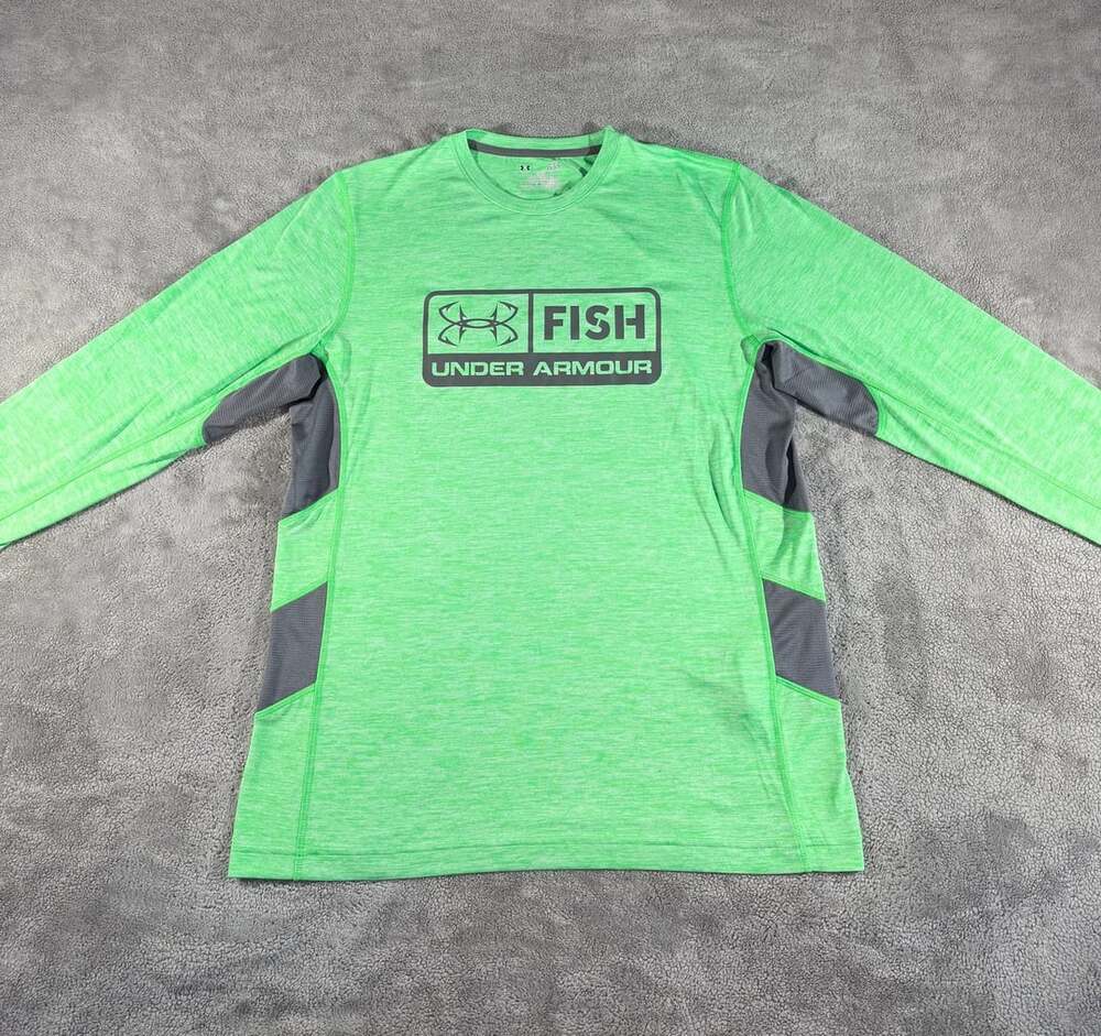 Under Armour HeatGear Fish L/S Performance Fishing Shirt Green Gray Size Large